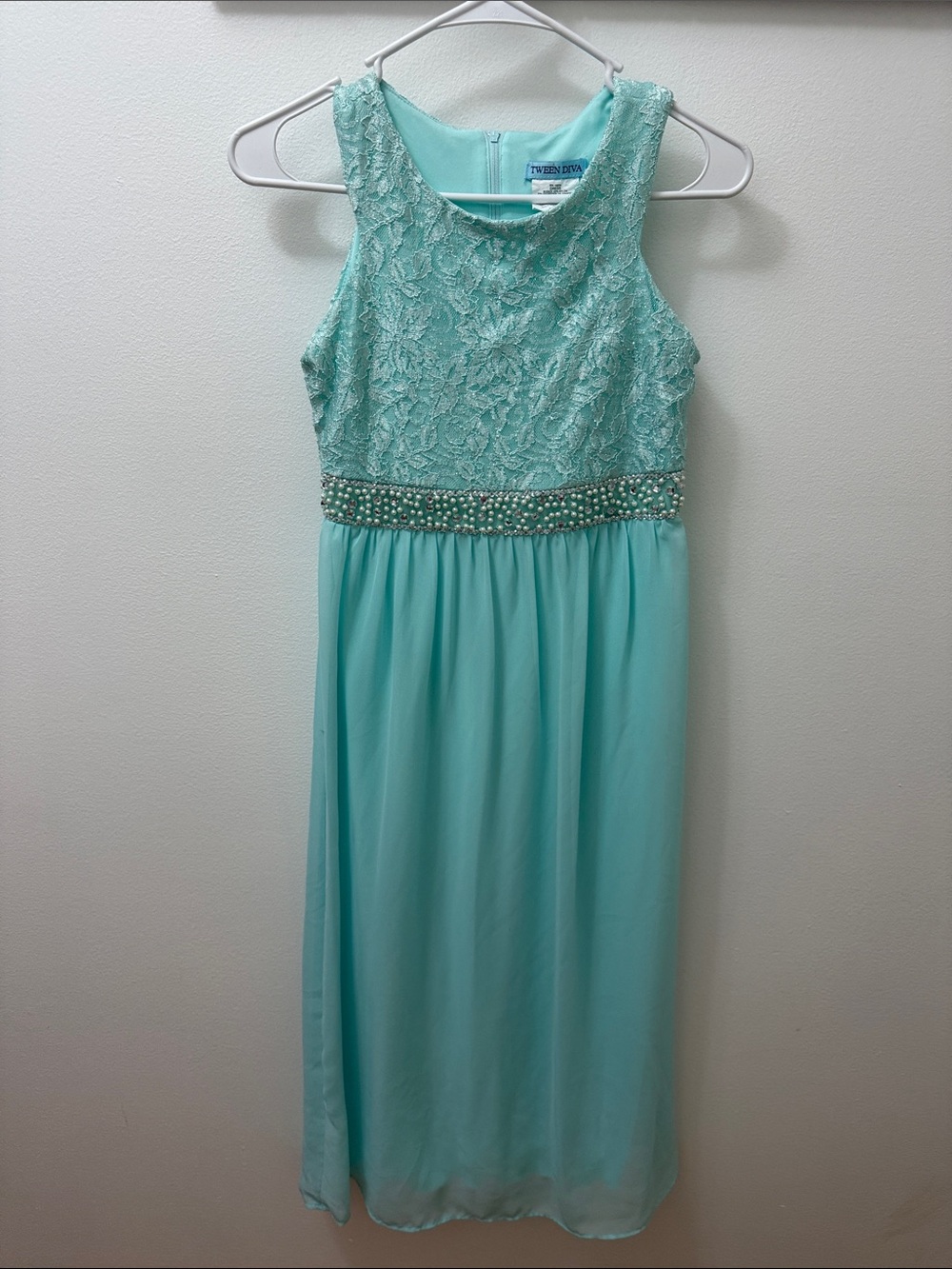 Tween Dive Girls' Aqua Lace Chiffon Gown with Beaded Waistband
